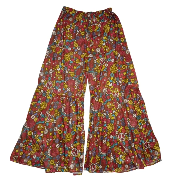 2 Pair Bell Bottom Hippie Pants Women's Floral And Peach Sign Flare Pants - Picture 10 of 11
